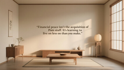 A white room with a quote on the wall that says "financial peace is not the acquisition of money, it's learning to live on less than you make."