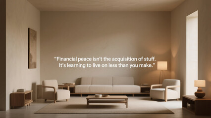 A living room with a white couch and chairs, and a quote about financial peace. The room is simple and clean, with a focus on the message of the quote