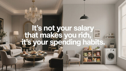 A living room with a dining table and chairs, a couch, and a coffee table. The room is decorated with a chandelier and a lamp. The text on the image says