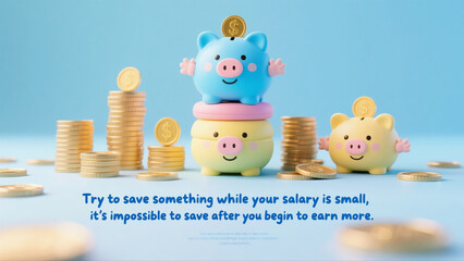 A piggy bank with a stack of coins on top of it. The piggy bank is blue and yellow. The coins are gold. The image is about saving money
