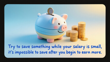 A piggy bank with coins in it. The piggy bank is blue and yellow. The coins are gold