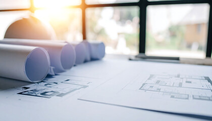 Architectural blueprints with rolled plans and hard hat, bathed in natural light. Concept design, construction, planning, and new beginnings. Ideal for industry  creative projects.