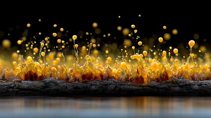A frozen golden glitter spray, with high contrast particles creating a sense of energy and depth over an ink-black surface
