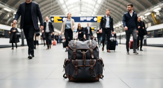 Backpack in Busy Train Station: Travel and Commute