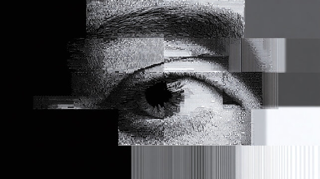 Glitches create an intriguing effect on a close-up of an eye displaying various distortions and textures at an abstract level