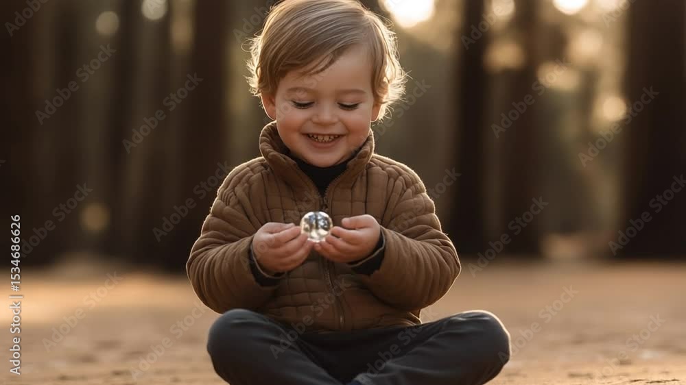 Poster child playing with a bubble in a serene forest during sunset generative ai