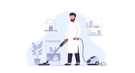 Man Vacuuming in Modern Minimalist Home Interior