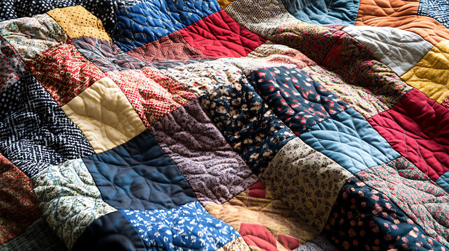 Colorful Patchwork Quilt with Various Patterns and Textures
