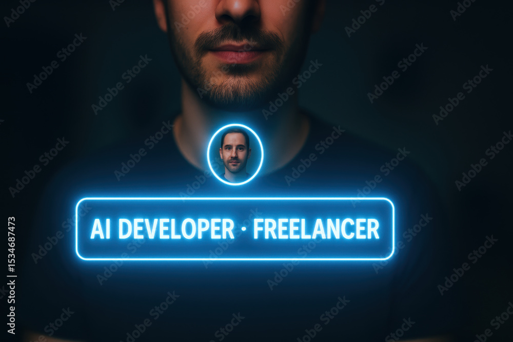 Aufkleber ai developer freelancer concept with man in dark background and glowing neon text highlighting profe