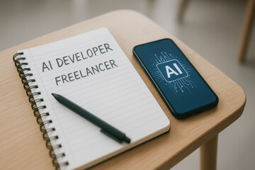 AI developer freelancer concept with notebook pen and smartphone on wooden table inspiring creativity and innovation in technology