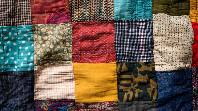 Colorful Patchwork Quilt with Diverse Patterns and Textures