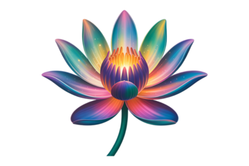 A vibrant lotus flower with rainbow petals and yellow center on a white background art illustration