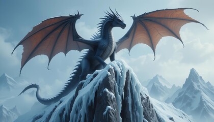 Realistic dragon perched on jagged ice cliff as freezing winds scatter snow across its massive form