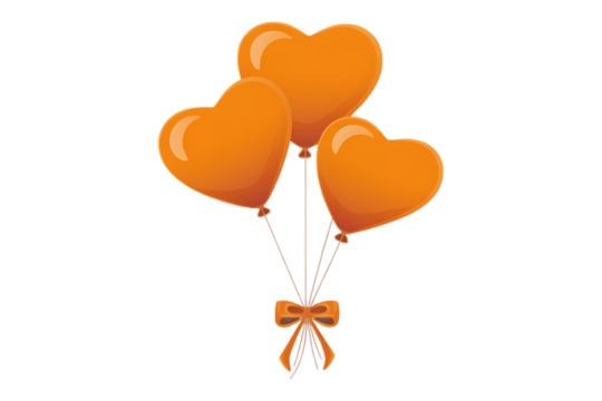 A cluster of three orange heart shaped balloons tied together with an orange bow on a white background