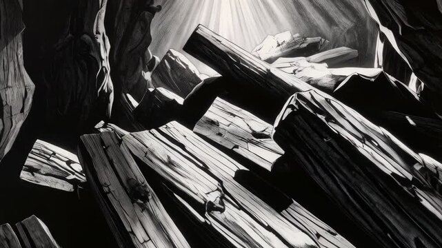 Charcoal sketch of fallen logs in a cave with light shafts coming through the top, creating high contrast in black and white.