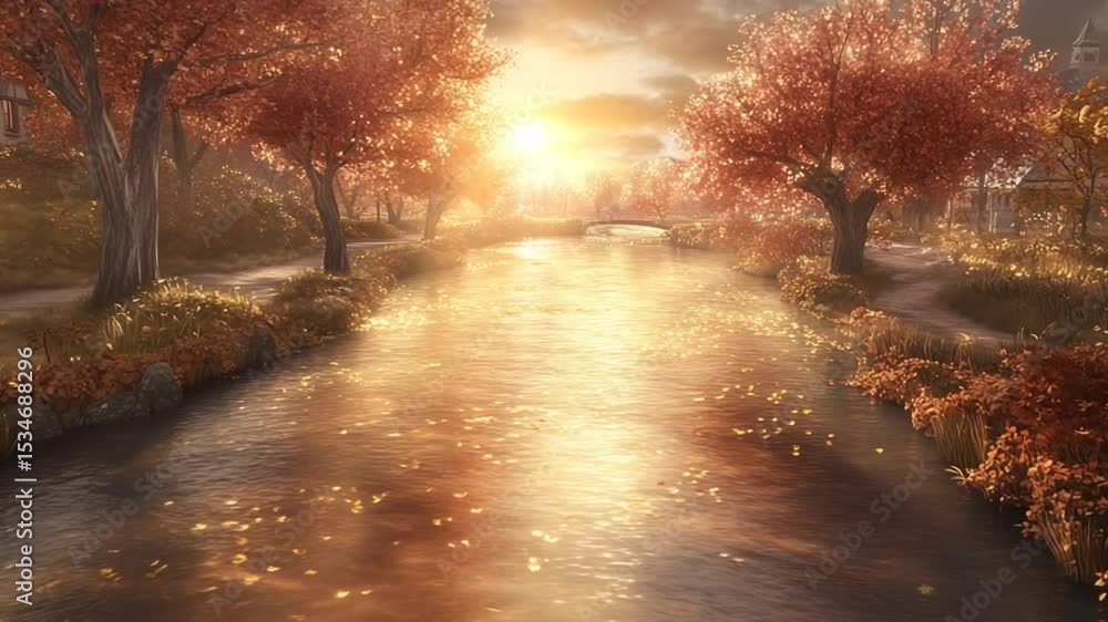 Poster autumn sunset over serene river with colorful trees and reflections generative ai