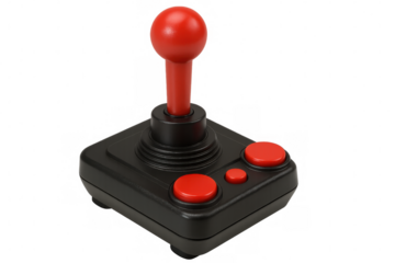 Black and red retro joystick controller isolated on transparent background, ideal for vintage gaming and entertainment projects