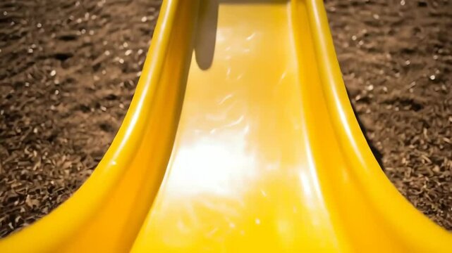 Bright yellow playground slide on a blurry dark brown ground surface in sunlight