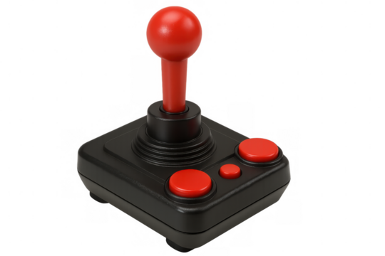Black and red retro joystick controller isolated on transparent background, ideal for vintage gaming and entertainment projects