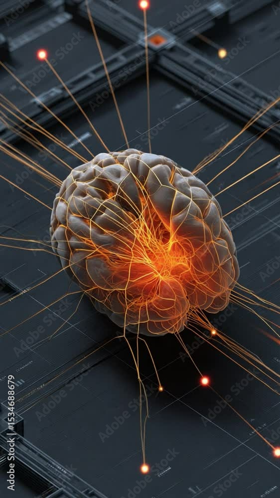 Poster brain-like artificial intelligence: an intriguing image, illustrating the convergence of the human b
