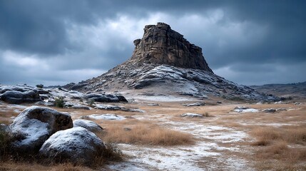 A frozen tundra with flat open snowfields, jagged rocks protruding from the ground, and a cold grey sky overhead