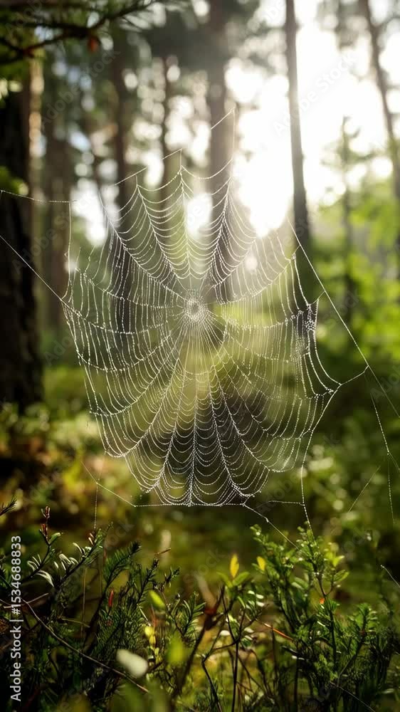 Poster Sunlit spiderweb detailed with morning dew hangs in coniferous forest clearing showing intricate patterns