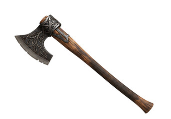 An ornate woodhandled axe with a decorated blade set against a black background