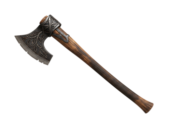 An ornate woodhandled axe with a decorated blade set against a black background