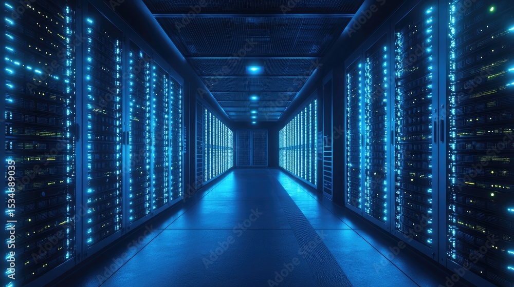 Poster Advanced blue server corridor filled with glowing data racks in a modern digital center, perfect for illustrating cloud systems, cybersecurity, and IT infrastructure themes