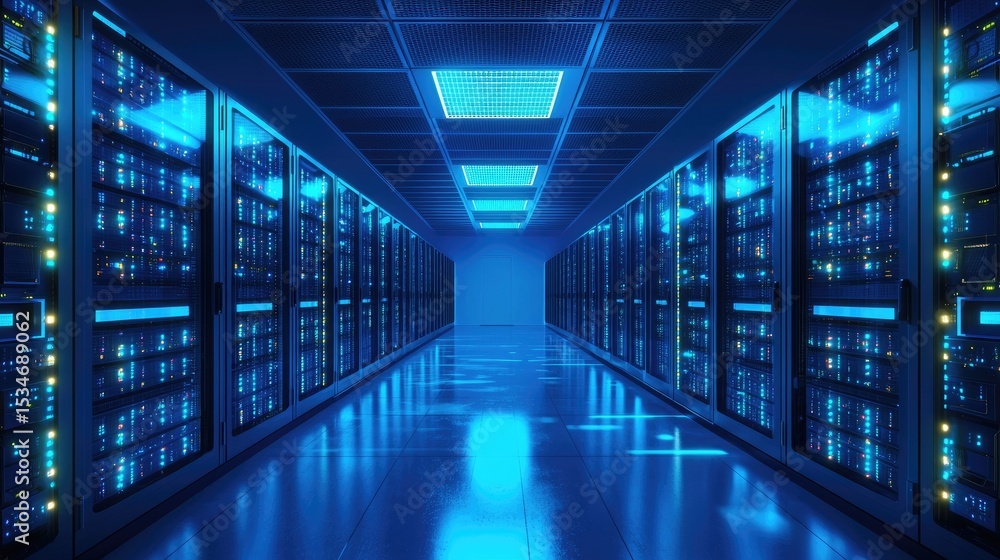 Poster futuristic glowing blue server room interior with high-tech racks and illuminated ceiling, ideal for