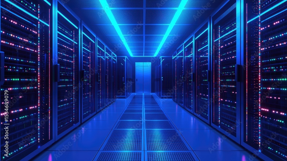 Poster blue server room corridor with glowing racks and multicolored indicator lights, suitable for cloud i