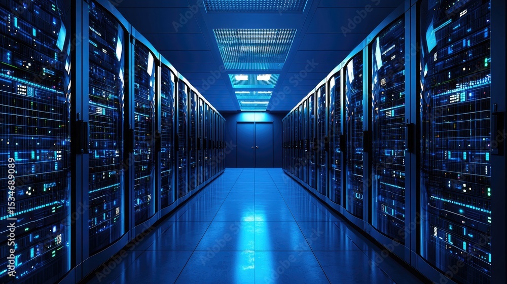 Aufkleber Modern high-security blue-lit data center hallway with rows of illuminated server racks, perfect for tech infrastructure, cloud services, or cybersecurity illustrations