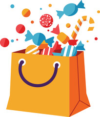 Orange shopping bag with candies and sweets bursting out colorful and festive design vector illustration 