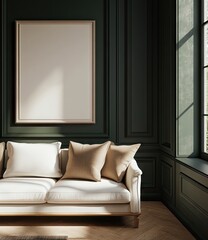 Fototapeta premium Elegant room with white couch, framed art