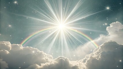 Heavenly celestial scene with bright sun rays rainbow and clouds