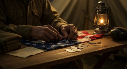 Soldier's Hands Mending American Flag with Dog Tags and Lantern Glow