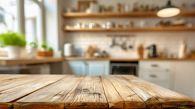 Wooden table on blurred kitchen bench background. 
