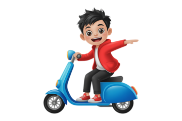 A cartoon boy with Balck hair riding a blue scooter with his arms outstretched against a white background