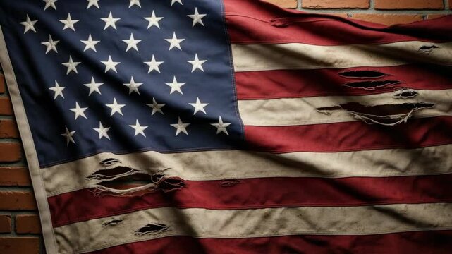 Worn American Flag Against a Rustic Brick Wall Background