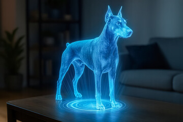 Holographic doberman pinscher projected on a table in a modern living room