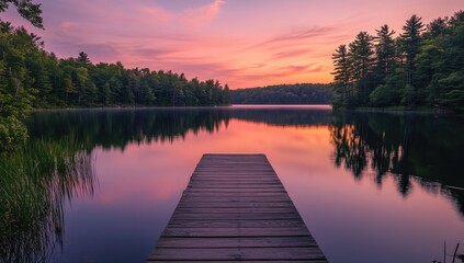 Peaceful lake sunset, wooden dock