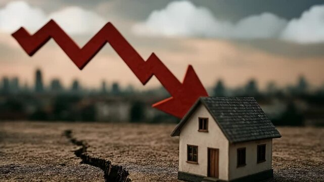 A miniature house sits on parched cracked earth beneath a bold red downward arrow. Concept of real estate recession and economic decline.