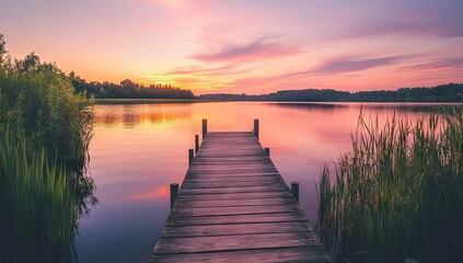 Obraz premium Peaceful sunrise over tranquil lake with wooden pier