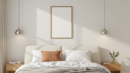 Poster mockup above cozy bed with wooden headboard and minimalist pendant lights in serene modern bedroom interior, natural tones and soft daylight.