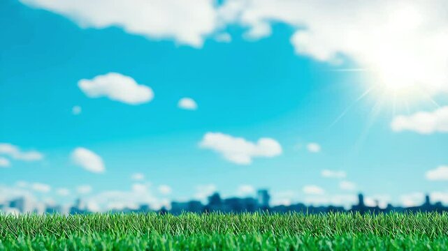 Lush meadow grass sways beneath a bright blue sky with a distant eco-city skyline on the horizon. Concept of sustainable urban development integrating nature and architecture.