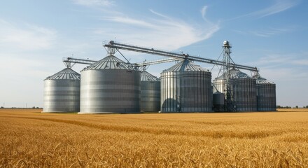 Harvesting operations at grain silos in rural fields agriculture industry sunny day panoramic