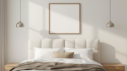 Poster mockup above cozy bed with wooden headboard and minimalist pendant lights in serene modern bedroom interior, natural tones and soft daylight.