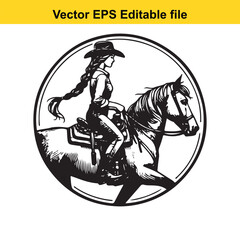 Silhouette of a Cowgirl Riding a Horse Vector Illustration in a Circular Design, Black and White Wild West Theme