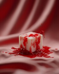 A melting soap bar with red stain, symbolizing guilt and cleansing of conscience