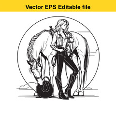 Elegant Cowgirl and Horse Black and White Vector Illustration Fashionable Woman Posing with Her Horse in a Circular Frame